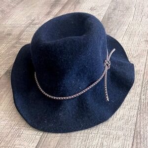 Tommy Hilfiger Denim Navy Blue Wool‎ Felt Fedora Floppy Hat Tricolor Cord OS